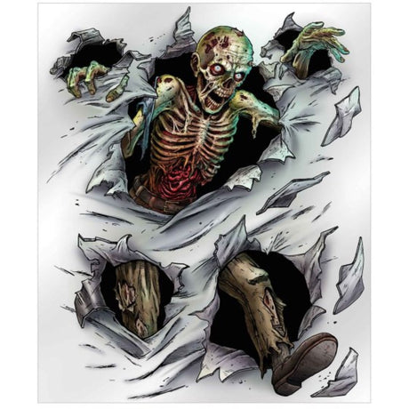Beistle Zombie Insta-Mural showcases a detailed zombie design, perfect for Halloween parties and spooky decorations.