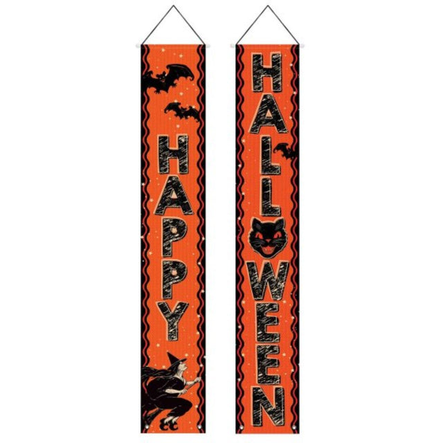 Beistle Vintage Halloween Fabric Door Panel featuring whimsical ghosts and pumpkins, perfect for adding spooky charm to decor.