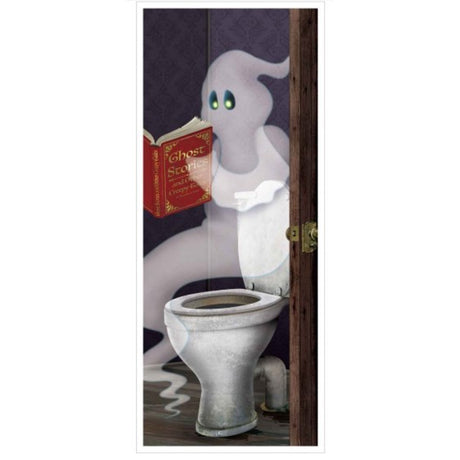 Beistle Ghost Restroom Door Cover with a playful ghost design, perfect for Halloween decor, measuring 13cm x 76cm.