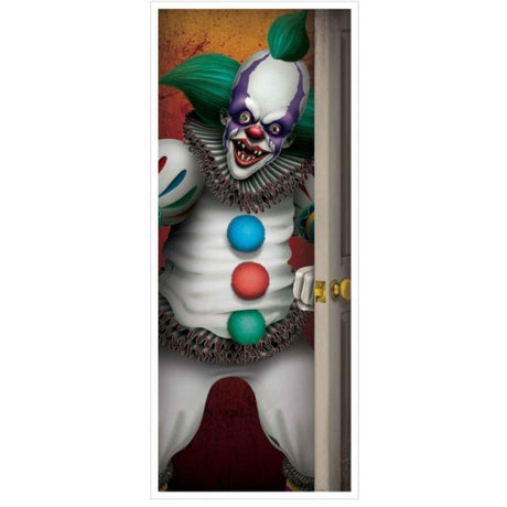 Beistle Creepy Clown Door Cover featuring an eerie clown design, perfect for Halloween decorations and spooky gatherings.