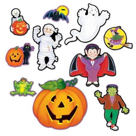 Colorful Beistle Halloween cutouts featuring ghosts, pumpkins, and witches, perfect for festive decorating and parties.