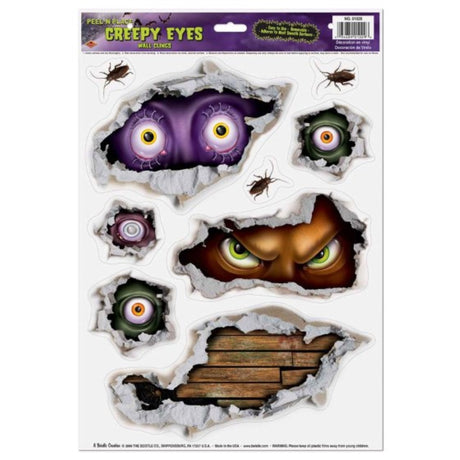 Set of 9 Creepy Eyes Peel 'N Place for Halloween decor, perfect for indoor and outdoor spooky accents.