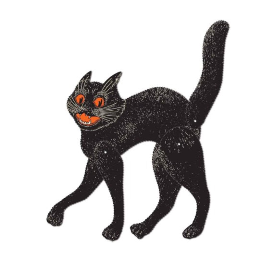 Vintage jointed Halloween cat decoration, 52cm tall, perfect for spooky decor and nostalgic festivities.