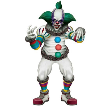 Jointed Creepy Clown decoration, 107 cm tall, vibrant colors, perfect for Halloween parties and haunted houses.