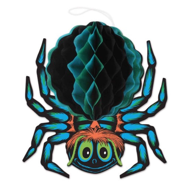 Vintage Halloween hanging tissue spider decoration, 30cm x 32cm, perfect for spooky indoor or outdoor decor.