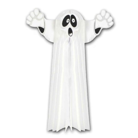 Hanging 58cm honeycomb ghost decoration for Halloween, perfect for indoor and outdoor spooky celebrations.