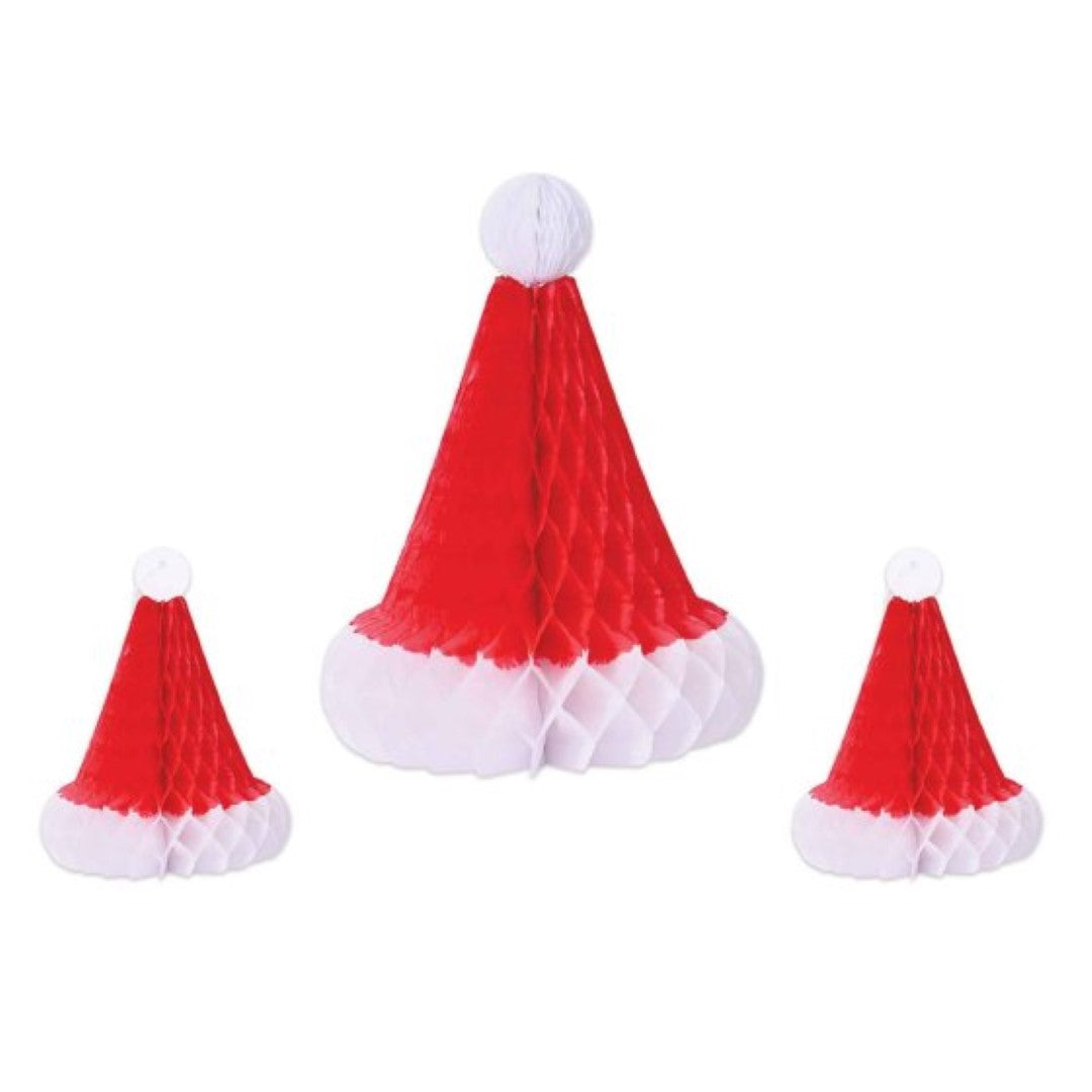 Pack of 3 Beistle Honeycomb Santa hats centerpieces, vibrant decorations for festive holiday tables and gatherings.