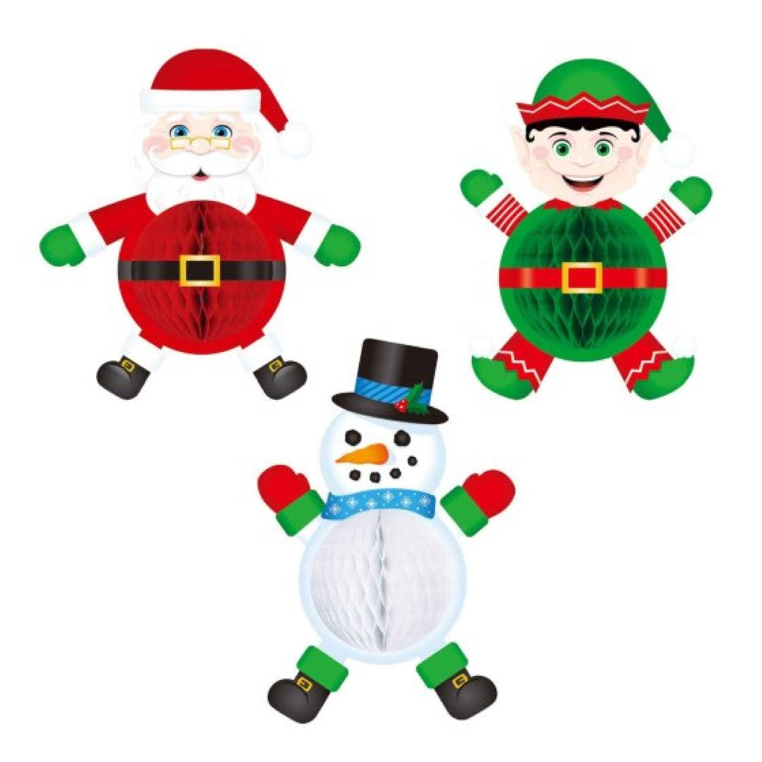 Beistle set of 3 hanging tissue decorations featuring an elf, Santa, and snowman for festive holiday decor.