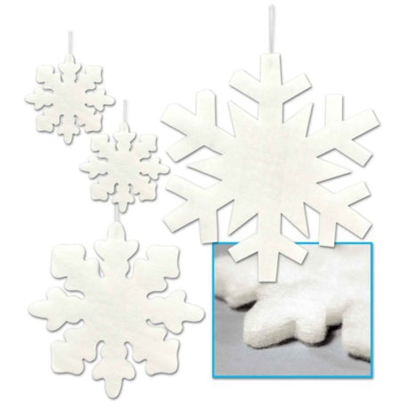 Pack of 4 fluffy snowflakes in assorted sizes, perfect for festive winter decorations and creating a cozy atmosphere.