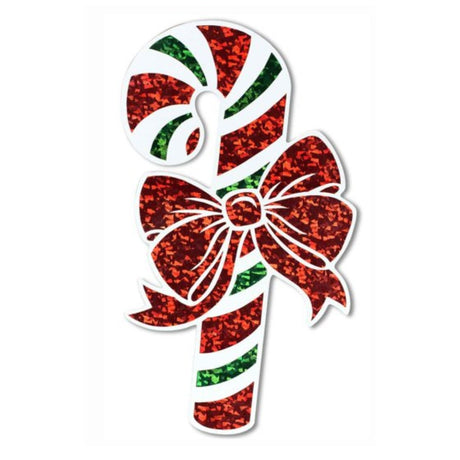 Vibrant 41cm prismatic candy cane cutouts, perfect for festive holiday decorations and parties, shimmering metallic finish.