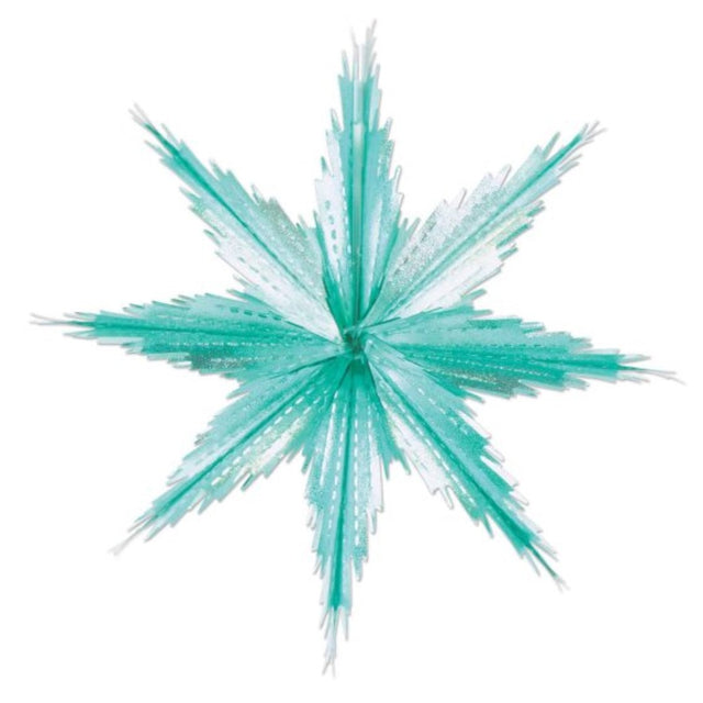 Teal and silver hanging snowflakes, elegantly designed, perfect for winter parties and festive home decor.