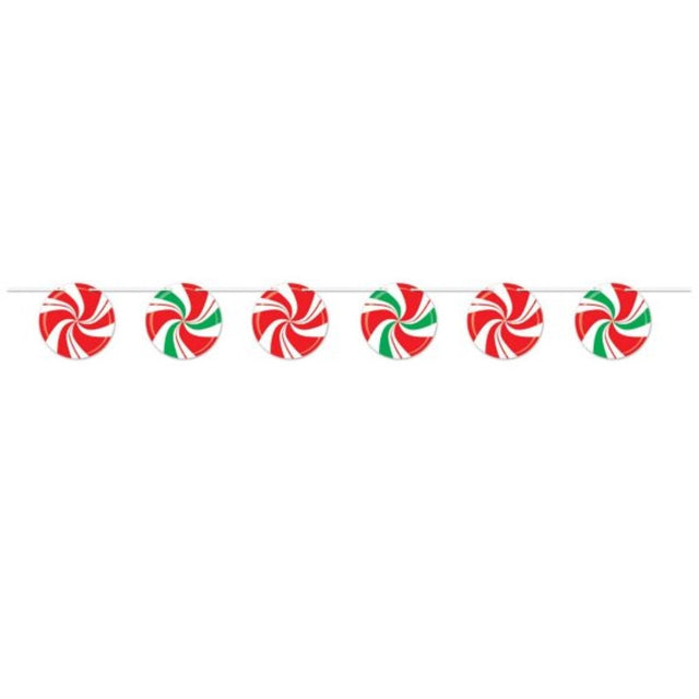 Beistle Peppermint Banner, 2.43m long, vibrant decoration for holiday gatherings, Christmas parties, and festive events.