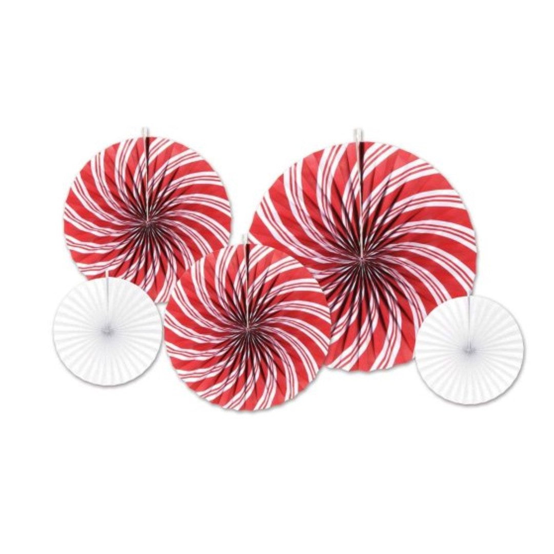 Beistle Peppermint Paper Fans in red, white, and green – pack of 5, perfect for festive holiday decorations.