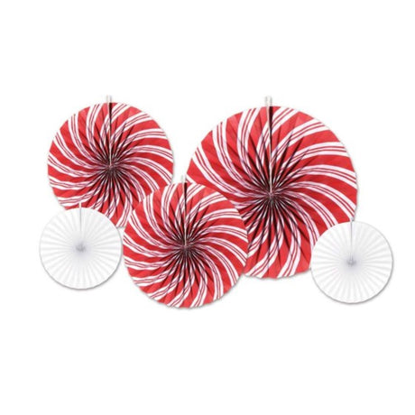 Beistle Peppermint Paper Fans in red, white, and green – pack of 5, perfect for festive holiday decorations.