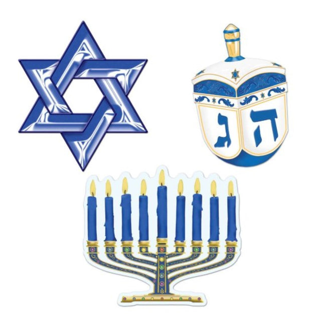 Vibrant pack of 3 Beistle Hanukkah cutouts featuring menorahs and dreidels to enhance holiday decorations.