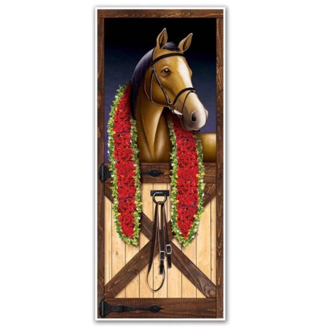 Colorful Beistle Horse Racing Door Cover featuring jockeys and horses, perfect for derby-themed parties and celebrations.