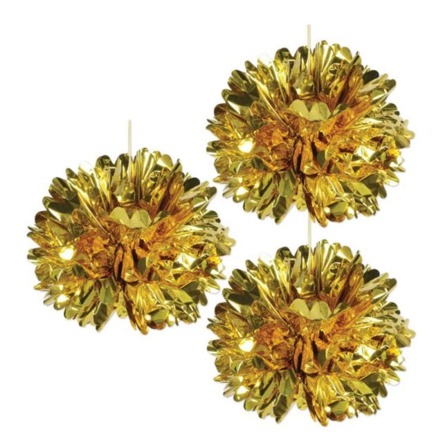 Pack of 3 Beistle Metallic Fluff Balls in gold, measuring 41cm, ideal for elegant party decor and celebrations.
