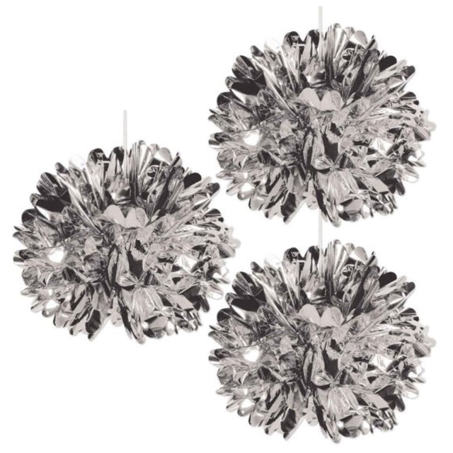Pack of 3 silver metallic fluff balls, each 41cm, perfect for elegant party decorations and backdrops.