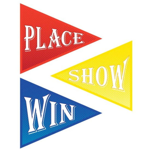 Colorful Beistle horse racing cutouts featuring 'Win, Place & Show' phrases, perfect for party decorations.