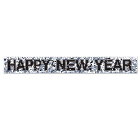 Silver fringe banner for New Year's celebration, measuring 9 inches tall by 6 feet long, adds elegance to any party.