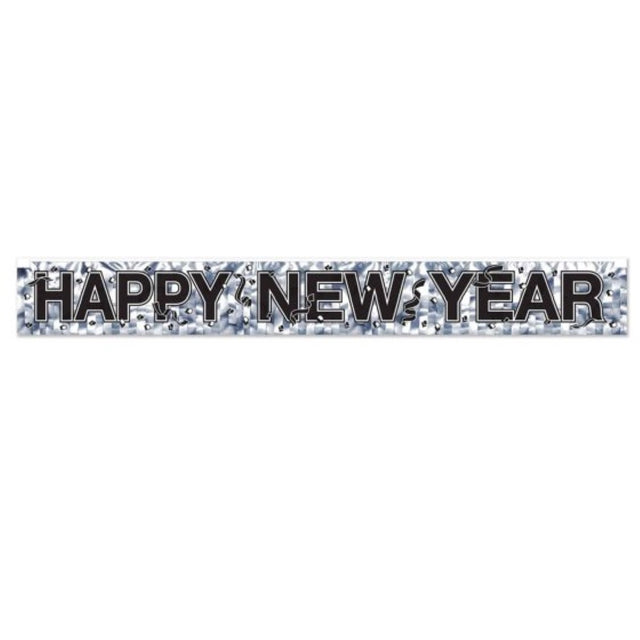 Silver fringe banner for New Year's celebration, measuring 9 inches tall by 6 feet long, adds elegance to any party.