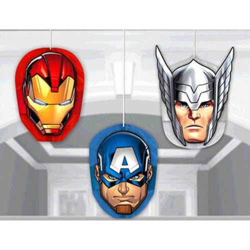 Colorful Avengers honeycomb decorations featuring Iron Man, Captain America, and Thor, perfect for superhero-themed parties.