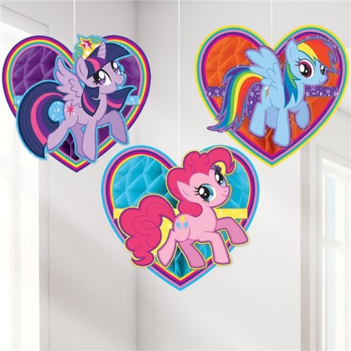 Pack of 3 My Little Pony honeycomb decorations, 16cm high, perfect for birthdays and themed events.