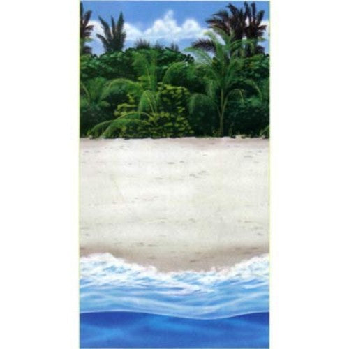 Tropical beach backdrop scene setter, 120cm x 12m, ideal for summer parties and festive decor.
