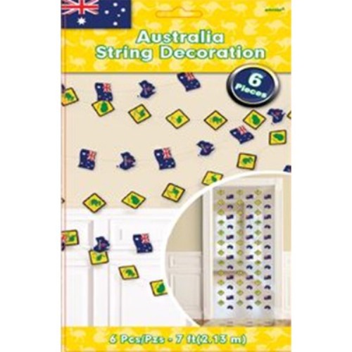 Vibrant Australia-themed string decorations, 6 colorful cutouts, each 7cm, hanging at 2.13m for festive decor.