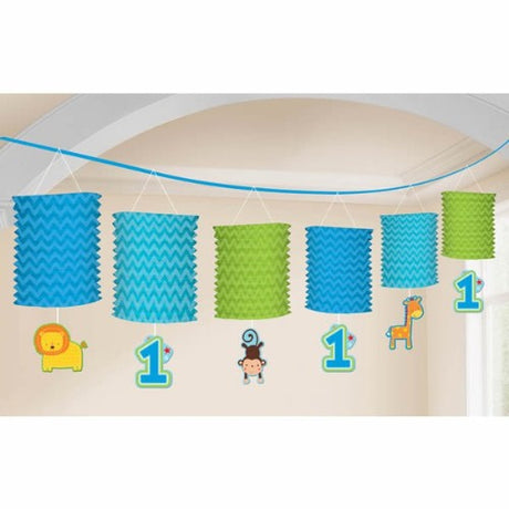 One Wild Boy Lantern Garland, 3.65m jungle-themed decor for 1st birthday parties, lightweight and durable design.
