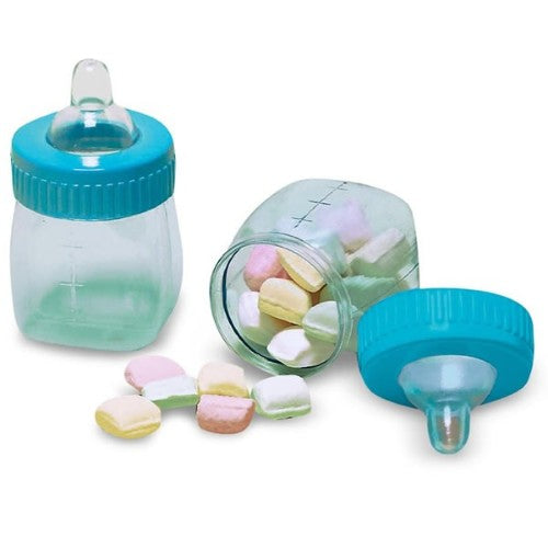 Pack of 6 blue fillable baby bottles, perfect for treats and decorations at baby showers or birthday parties.