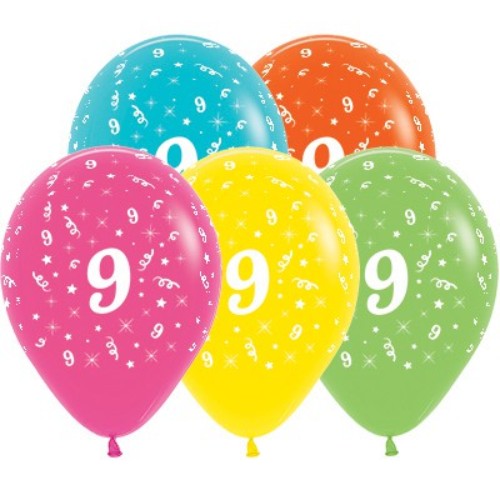 Vibrant 30cm tropical-themed balloons for Age 9 celebrations, perfect for birthdays and summer parties. Pack of 25.