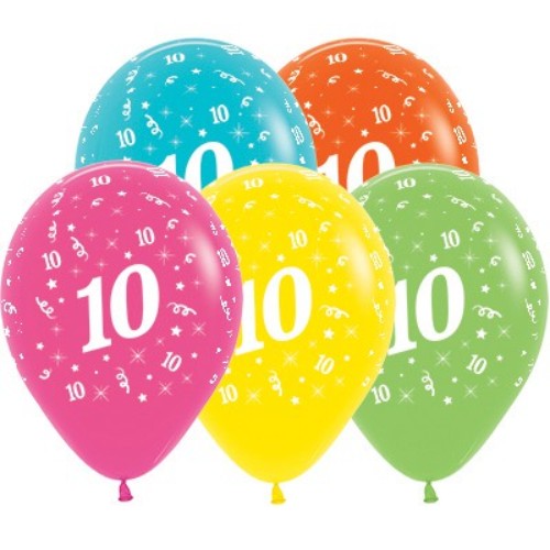 A vibrant pack of 25 tropical latex balloons celebrating age 10, perfect for birthday parties and festive decor.
