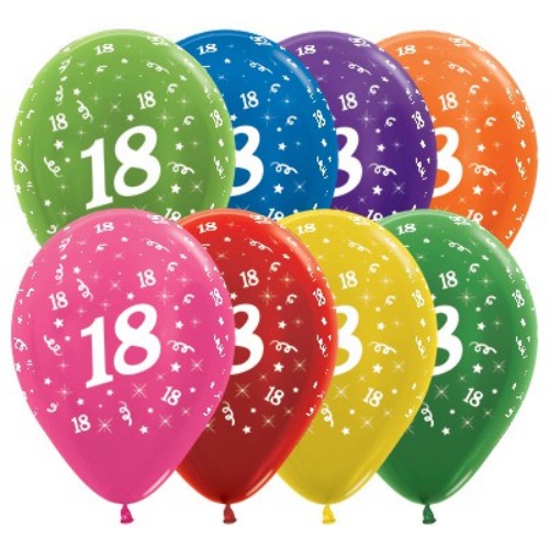 Pack of 25 metallic latex balloons celebrating age 18, each 30cm in size, perfect for birthday parties.