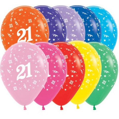 Pack of 25 vibrant Age 21 latex balloons, perfect for stylish birthday celebrations with trendy designs and colors.