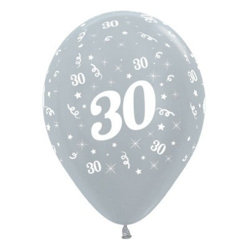 Pack of 25 silver metallic pearl balloons featuring the age 30 design, each 30cm in size.