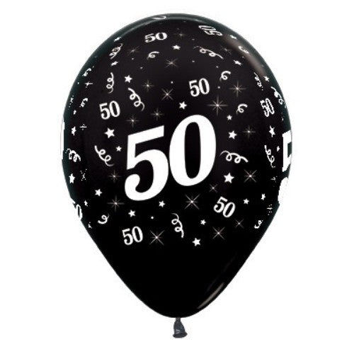 Pack of 25 black metallic pearl balloons celebrating age 50, perfect for enhancing birthday party decor.