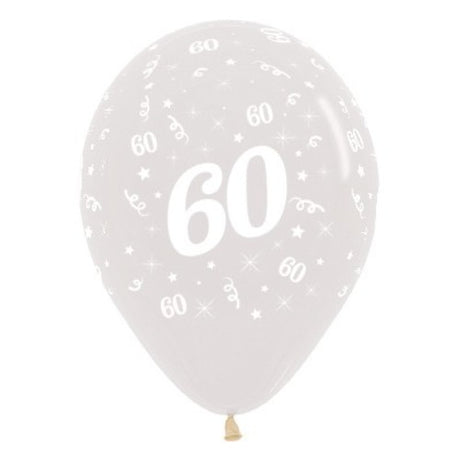 Pack of 25 crystal clear latex balloons celebrating age 60, perfect for elegant birthday and anniversary decorations.