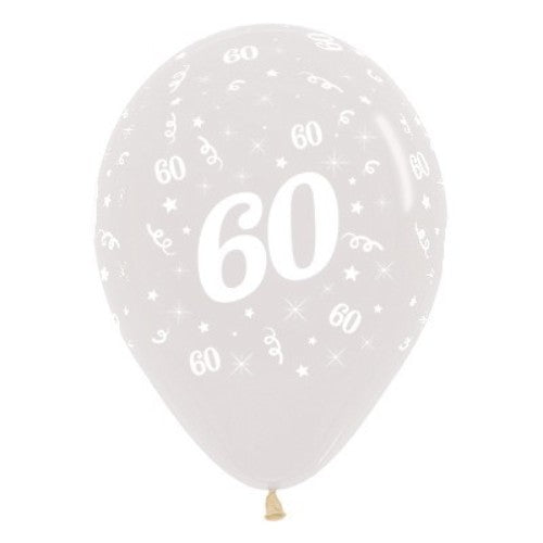 Pack of 25 crystal clear latex balloons celebrating age 60, perfect for elegant birthday and anniversary decorations.