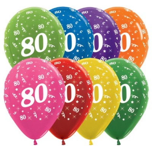 Vibrant metallic balloons for 80th birthday celebration, durable 30cm pack of 25 in assorted elegant colors.
