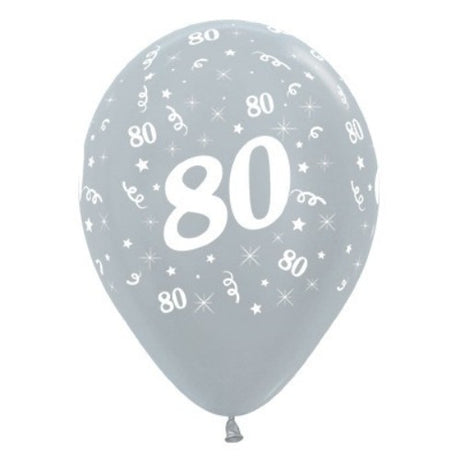 Pack of 25 silver metallic pearl balloons celebrating age 80, ideal for elegant birthday decorations and centerpieces.