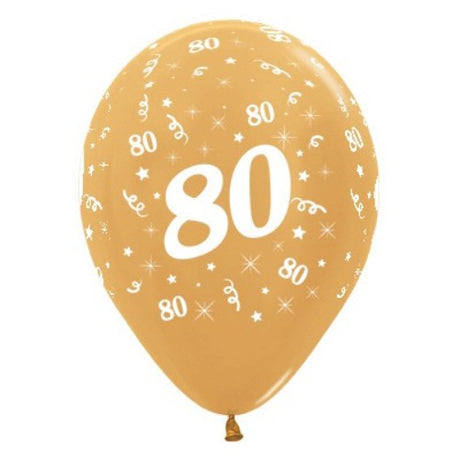 Pack of 25 gold metallic pearl latex balloons, 30cm, celebrating age 80 for elegant birthday parties and gatherings.