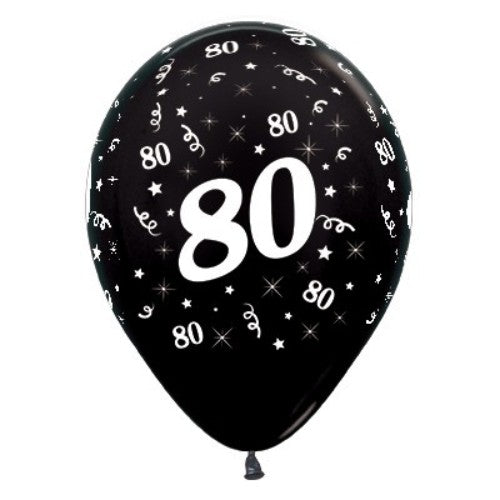 Pack of 25 black metallic pearl balloons, 30cm, perfect for elegant 80th birthday celebrations.