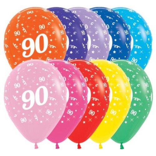 Vibrant 30cm latex balloons in assorted designs for celebrating a stylish 90th birthday party. Pack of 25.