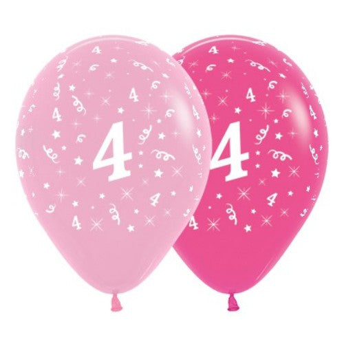 Pack of 6 pink latex balloons featuring a large '4', ideal for celebrating a child's 4th birthday party.