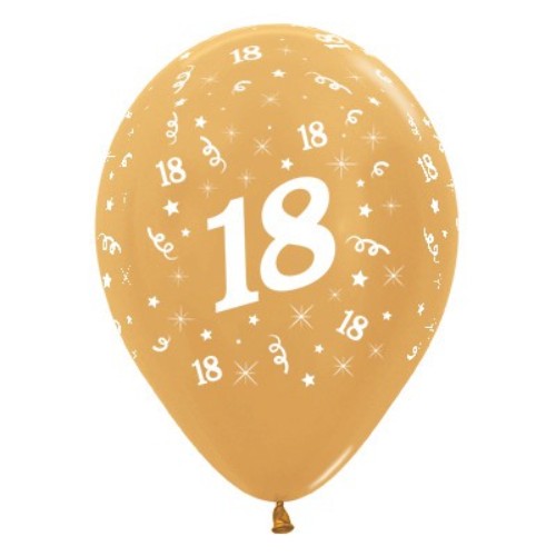 Pack of 6 gold metallic balloons featuring age 18, perfect for elegant 18th birthday celebrations.