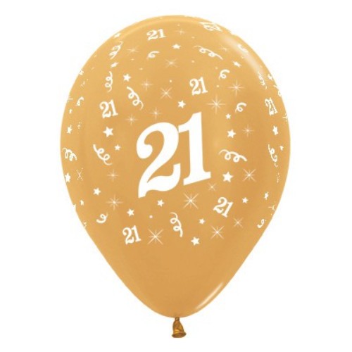 Pack of 6 gold metallic balloons celebrating Age 21, perfect for elegant party decor and memorable photo opportunities.