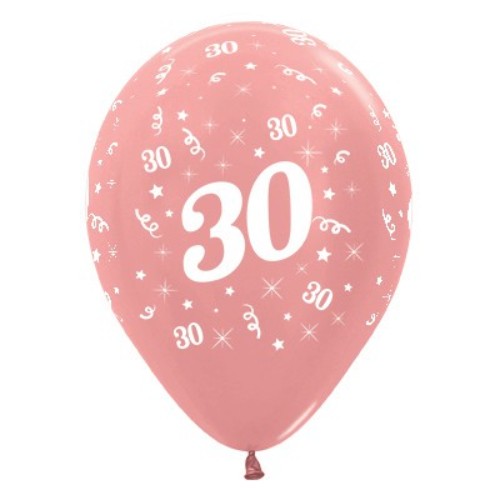 Pack of 6 rose gold metallic balloons featuring the number 30, perfect for birthday celebrations.