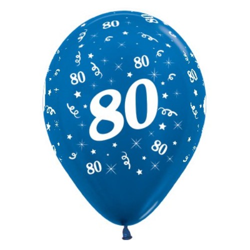 Pack of 6 blue metallic balloons celebrating age 80, perfect for elegant birthday decorations.