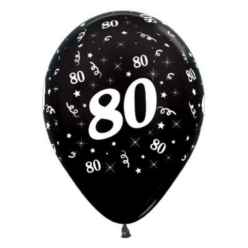 Pack of 6 black metallic latex balloons celebrating age 80, perfect for elegant birthday party decor.